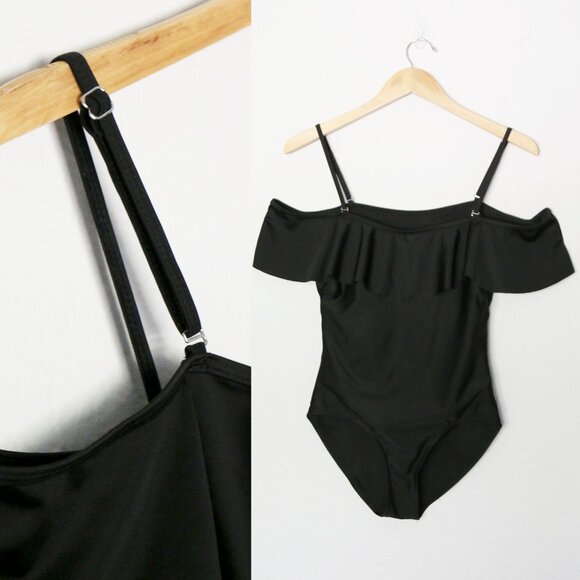 Black Off The Shoulder or Strapless Ruffle One Piece Swimsuit S Padded Modest - Picture 11 of 11